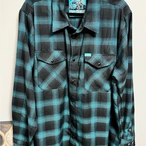DIXXON Black and Teal Plaid Casual Button Down Shirt